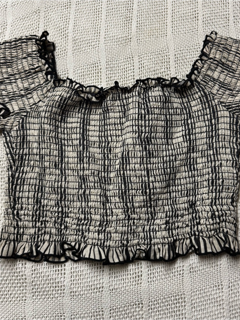 Show Me Your MuMu Black and White Smocked Off-Shoulder Crop Top - Picture 3 of 4